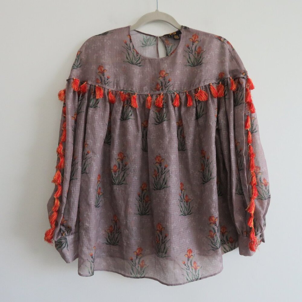 SACHIN + BABI Acacia Floral Tasseled Sheer Boho Blouse - Size S - Picture 3 of 15